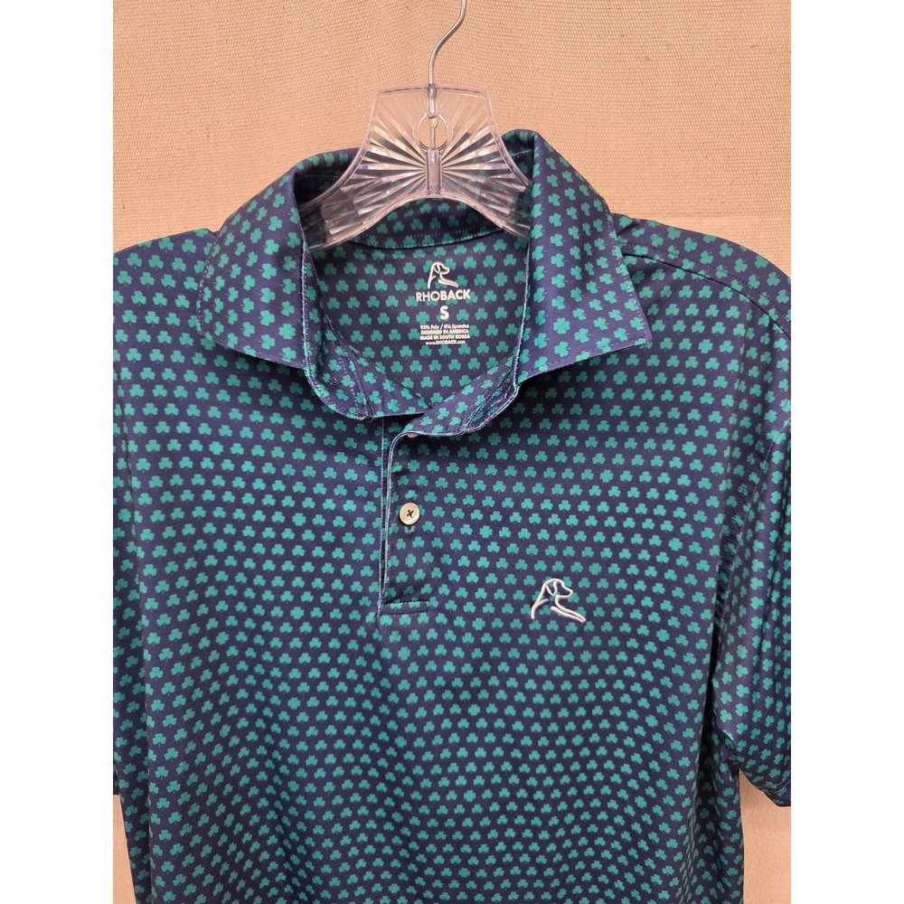 Rhoback Mens Shamrock Polo Shirt Small Blue Green Clover Performance Golf Top - Picture 3 of 6